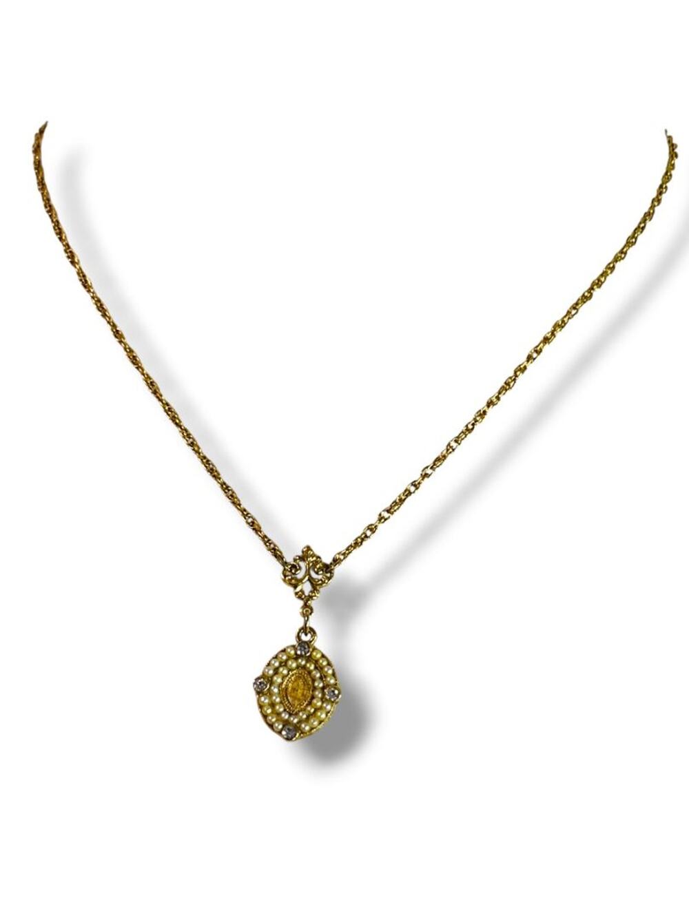 1928 Brand Goldtone Necklace Retro Pendant 17" Screw Barrel Clasp